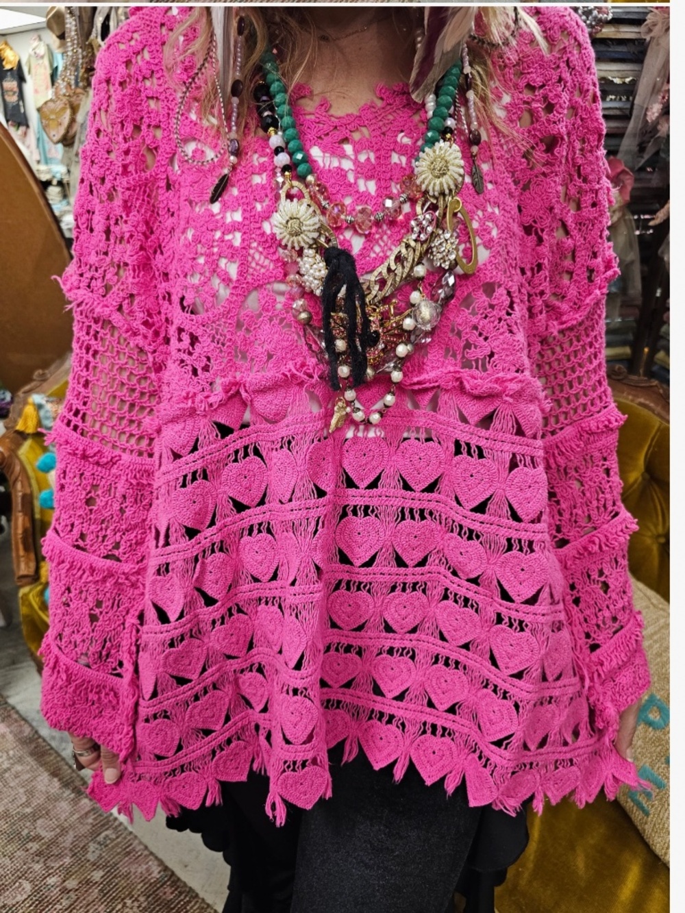 🎉 A RARE BIRD “ QUINCY “ A RARE BIRD HAND MADE CROCHET HEART SWEATER 54 - Picture 2 of 7